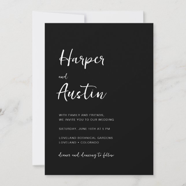 Convites Casamento com Letra Minimalista Moderna Preta (Frente)