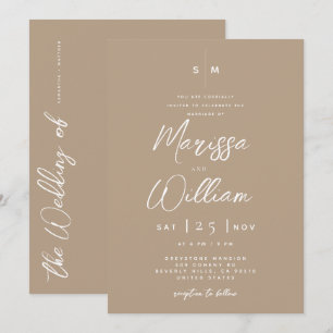 Convites Casamento com Letra Moderna, Bege Pálido e Branco