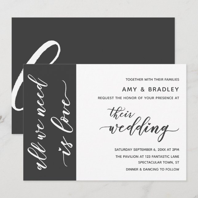 Convites Casamento com Letra Moderna Cinza Escuro e Branco (Frente/Verso)