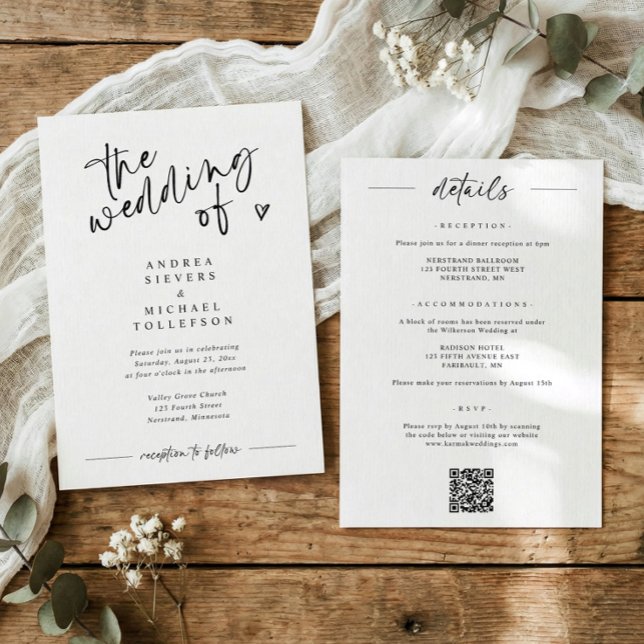 Convites Casamento com Letra Moderna e Divertida Preto e Br (Modern black and white wedding invitation with “the wedding of” in fun handwritten script)