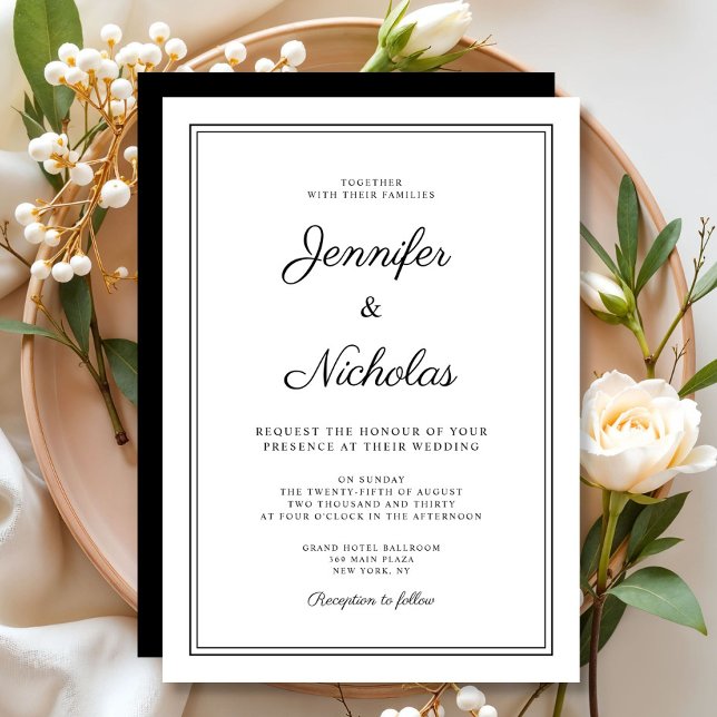 Convites Casamento com Letra Moderna e Elegante em Preto e  (Elegant Modern Black And White Script Wedding Invitation
)
