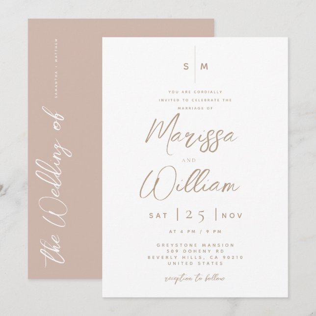 Convites Casamento com Letra Moderna Rosa e Branco Elegante (Frente/Verso)
