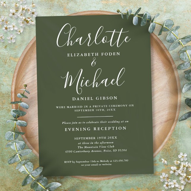Convites Casamento com Letra Olive Green Apenas Recepção (Reception Only Olive Green Script Wedding Invitation)