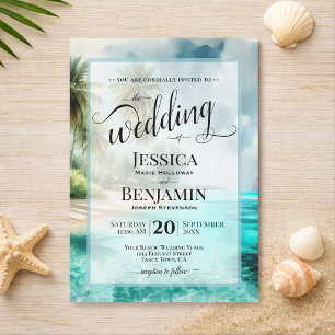 Convites Casamento com Letra Stylish em Aquarela de Praia T