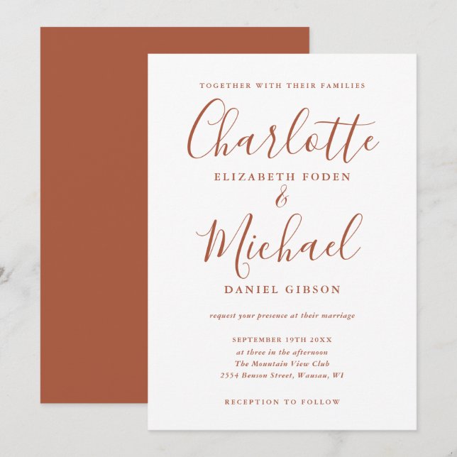 Convites Casamento com Letra Terracota Minimalista (Frente/Verso)