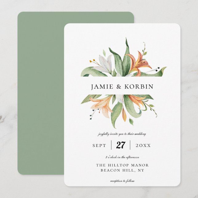 Convites Casamento com Lily Floral Botânica Moderna (Frente/Verso)