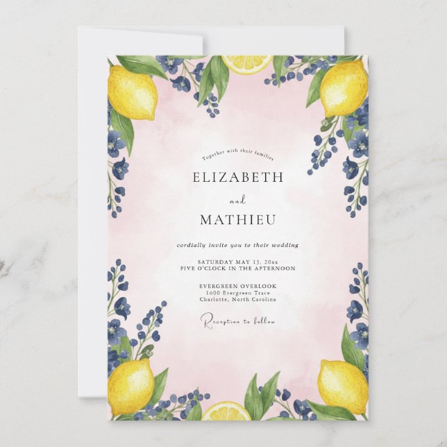 Convites Casamento com Limão Azul Rosa Eucalipto (Frente)