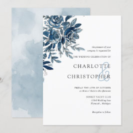 Convites Casamento com linearidade floral de indigo azul