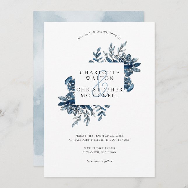 Convites Casamento com linearidade floral de indigo azul (Frente/Verso)