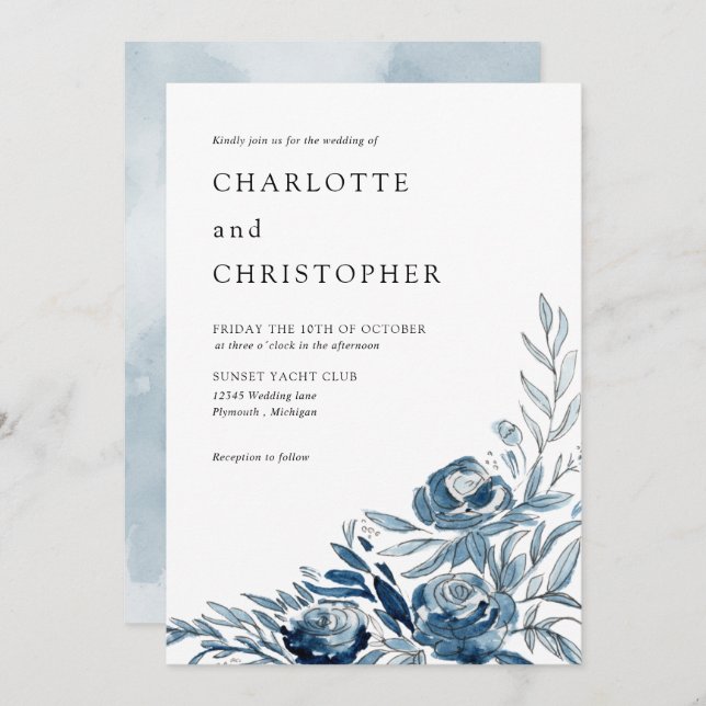 Convites Casamento com linearidade floral de indigo azul (Frente/Verso)