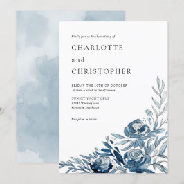 Convites Casamento com linearidade floral de indigo azul