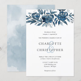 Convites Casamento com linearidade floral de indigo azul