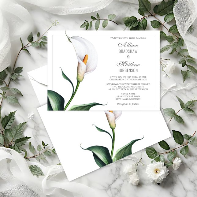 Convites Casamento com Lírio Calla Marfim Elegante Branco (Elegant Ivory White Calla Lily wedding invitation front and back view.)