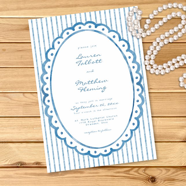 Convites Casamento com Listra de Aquarela Azul Branco Capri (Whimsical Blue White Watercolor Stripe Wedding Invitation)