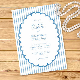 Convites Casamento com Listra de Aquarela Azul Branco Capri
