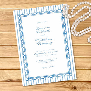 Convites Casamento com Listra de Aquarela Azul Branco Capri
