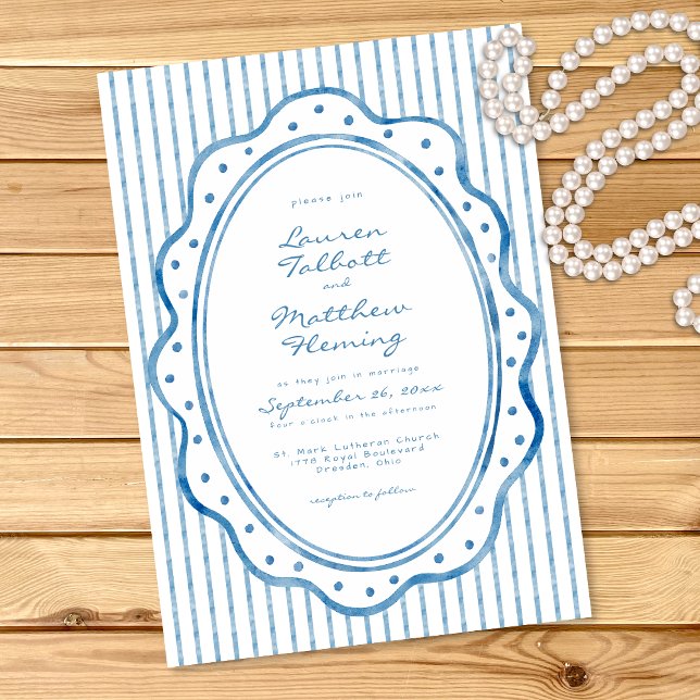Convites Casamento com Listra de Aquarela Azul e Branco Cap (Whimsical Blue White Watercolor Stripe Wedding Invitation)