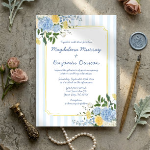 Convites Casamento com Listra Floral Amarela Azul Desenhada