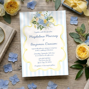 Convites Casamento com Listra Floral Amarela Azul Desenhada