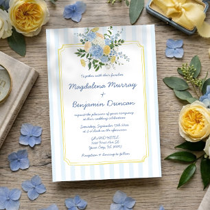 Convites Casamento com Listra Floral Azul Amarelo Desenhado