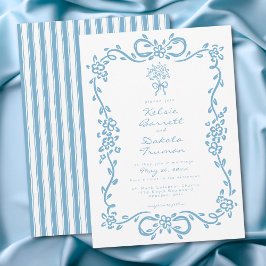 Convites Casamento com Listra Floral Azul Caprichosa à Mão