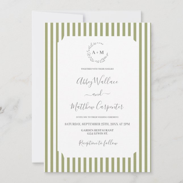 Convites Casamento com Listras em Verde Sálvia (Frente)