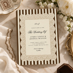 Convites Casamento com Listras Marrons de Café e Renda