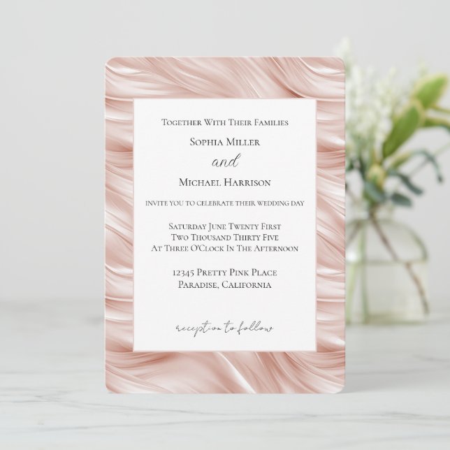 Convites Casamento com Listras Onduladas Rosa Bege (Em pé/Frente)