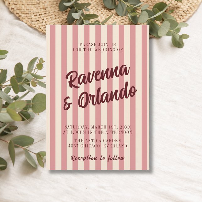 Convites Casamento com Listras Rosa Bege Borgonha Retro (Criador carregado)