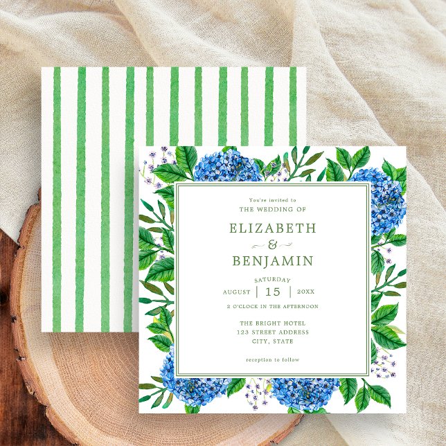 Convites Casamento com Listras Verdes Modernas e Hortênsias (Front / Back)