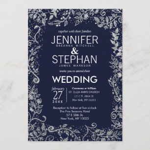 Convites Casamento com Lobras Florais de Prata Azul Elegant