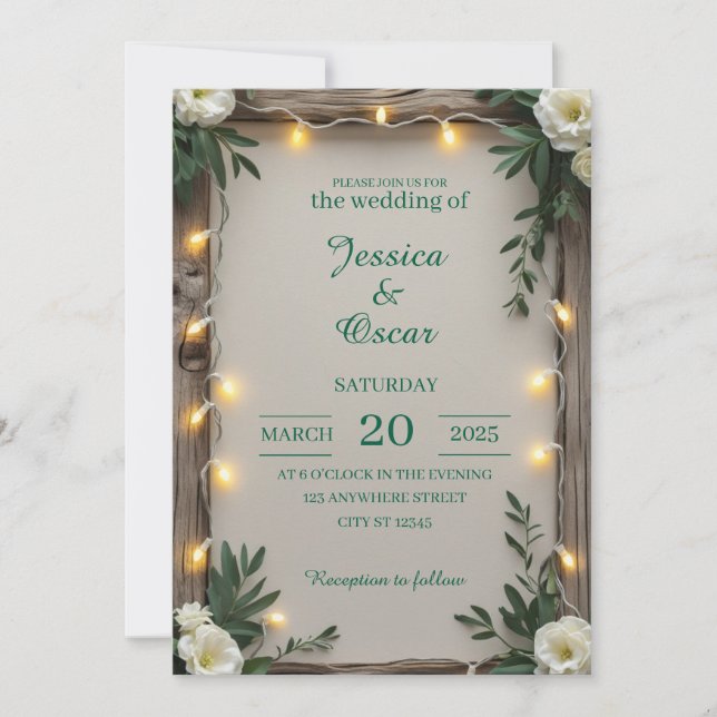 Convites Casamento com Luzes de Fada Rústicas (Frente)
