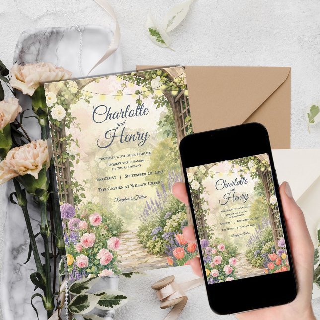 Convites Casamento com Luzes de Fadas em Arco de Jardim Ing (Romantic English Garden Arbor Fairy Lights Wedding Invitation)