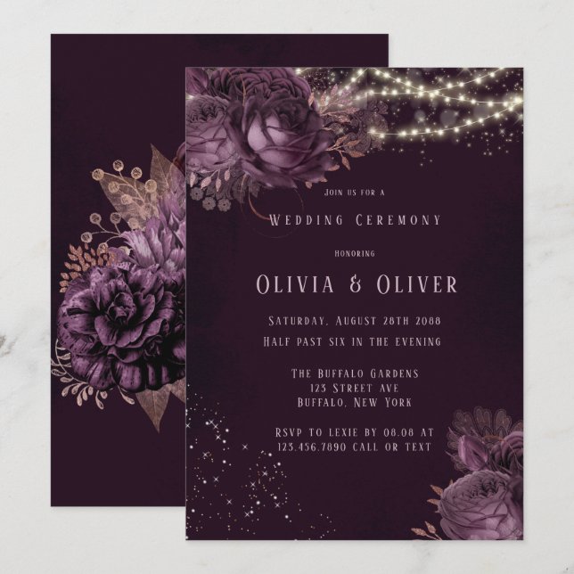 Convites Casamento com Luzes de Peônia Douradas e Roxas (Frente/Verso)