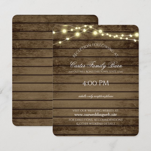 Convites Casamento com Luzes Rústicas e Detalhes de Madeira (Frente/Verso)