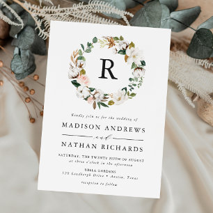 Convites Casamento com Magnólia Elegante e Floral Monograma
