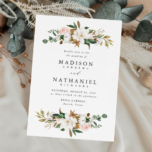 Convites Casamento com Magnólias Brancas Elegantes e Flora 