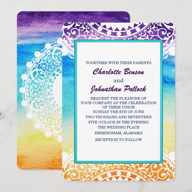 Convites Casamento com Mandala Branco da Rainbow Watercolor (Frente/Verso)