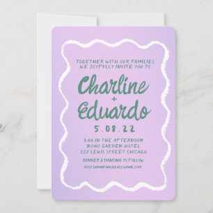 Convites Casamento com manuscrito roxo e verde ondulado