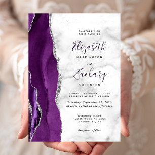 Convites Casamento com Marble de Agata de Prata Roxo Modern