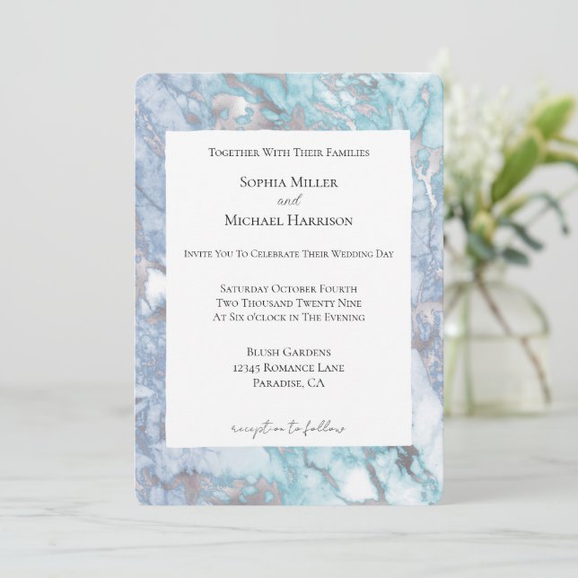 Convites Casamento com Marble de Prata Azul de Aqua (Em pé/Frente)