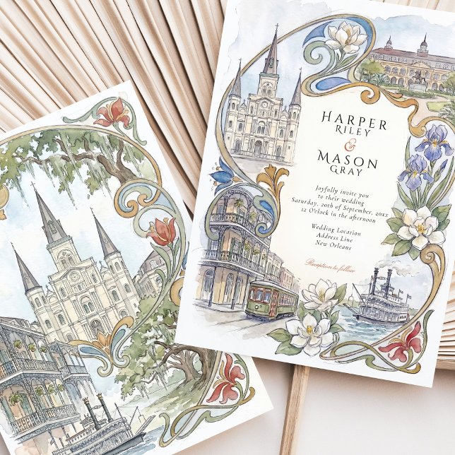Convites Casamento com Marcas de Nova Orleans em Aquarela (Criador carregado)