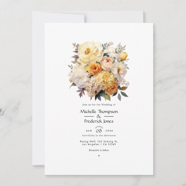 Convites Casamento com marfim, champanhe e floral branco (Frente)