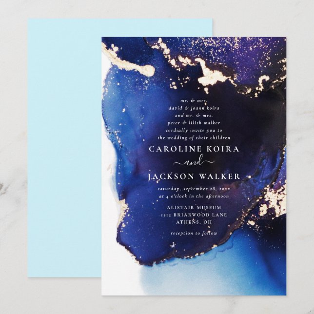 Convites Casamento com marinho de Tinta Azul e Álcool Doura (Frente/Verso)