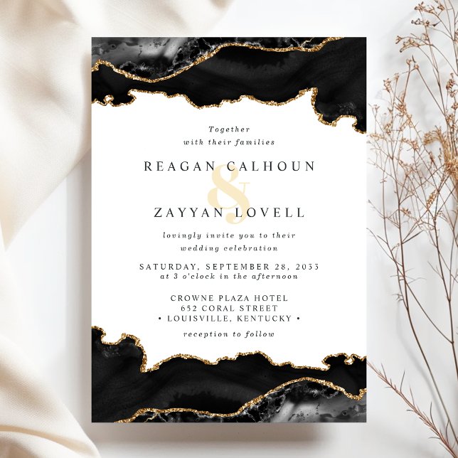 Convites Casamento com mármore Ágata Preto e Dourado (Criador carregado)