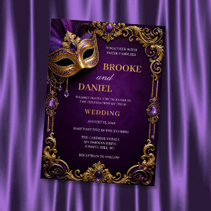 Convites Casamento com Máscara Real Roxo e Dourado
