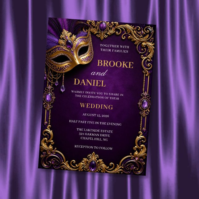 Convites Casamento com Máscara Real Roxo e Dourado (Criador carregado)