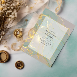 Convites Casamento com Mint e Dourado Mármore com Tinta Álc
