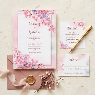 Convites Casamento com Moldura de Bronze Aquarela Azul Saku