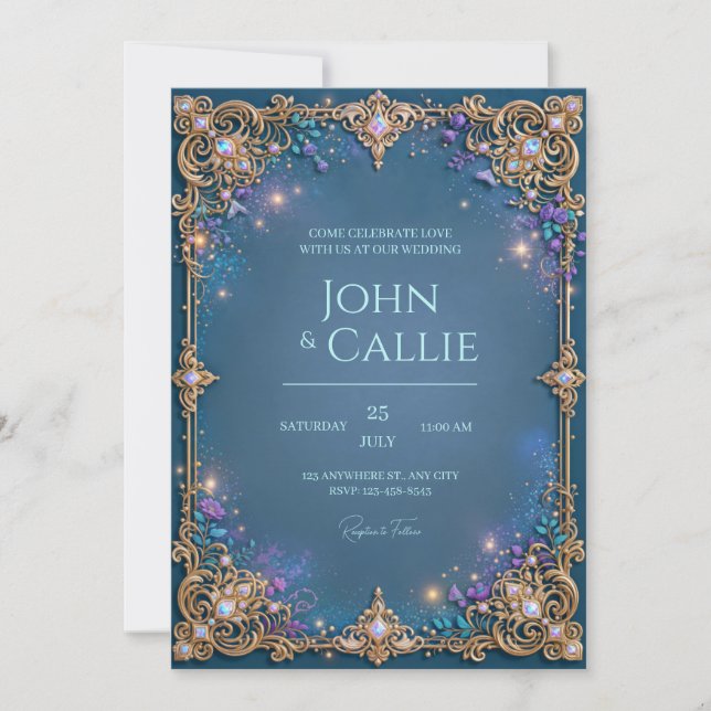 Convites Casamento com Moldura de Filigrana de Âmbar Azul T (Frente)